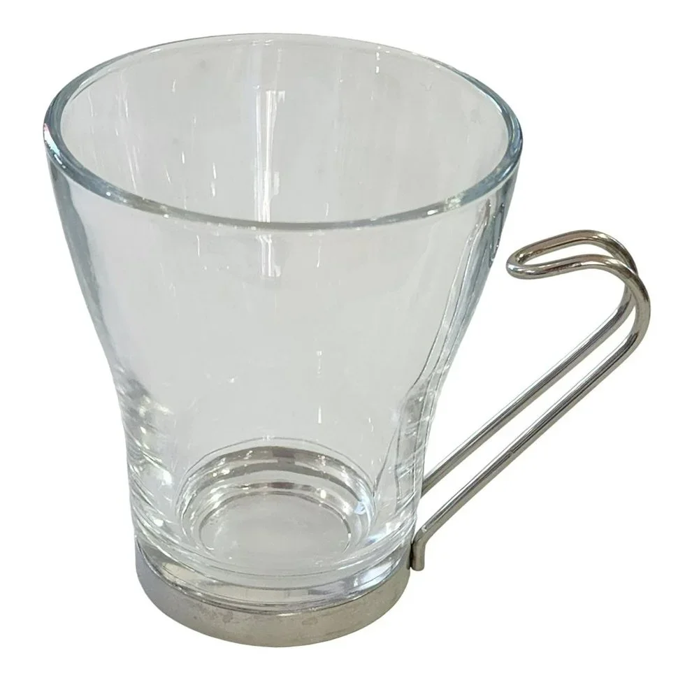 Vintage Clear Glass Cappuccino Expresso Tea Cup Coffee Mug Set of 7 Metal Handle